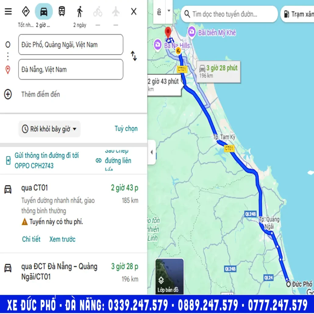 khoảng cách từ đức phổ quảng ngãi đi đà nẵng